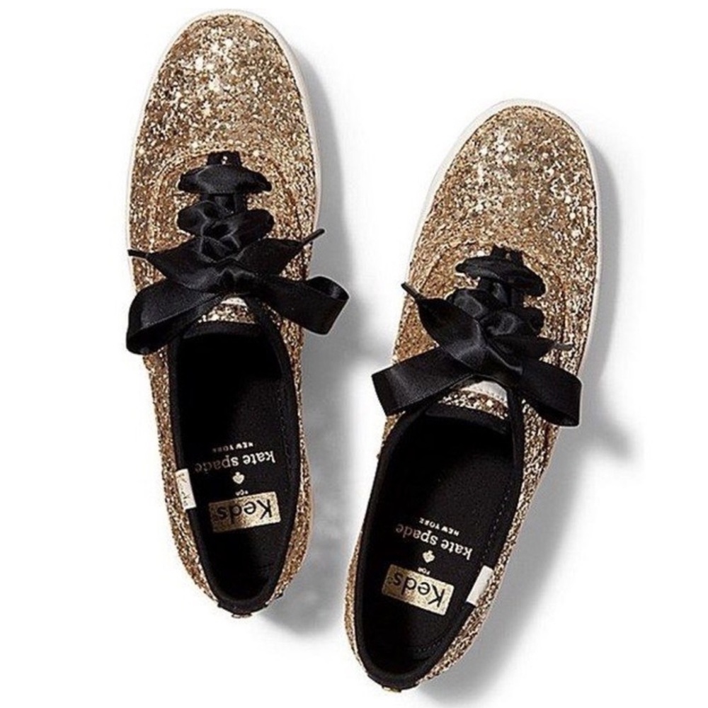 Limited Edition Ked’s for Kate Spade New York Gold Glitter Black Satin Sneakers